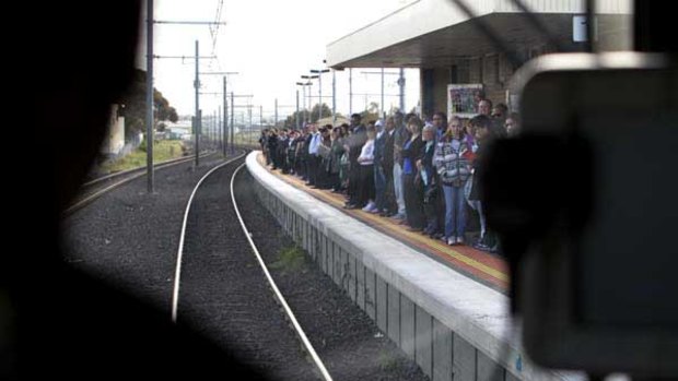 A train driver's view of passengers on the platform at Werribee.
