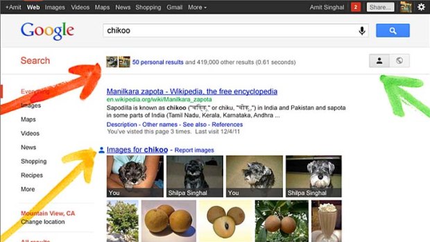 Screenshot of Google's new personalised search results.