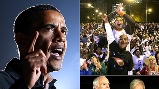 Obama wins ... (clockwise) Barack Obama at his final campaign rally in Manassas, Virginia; Obama supporters watch the results in Chicago; John McCain concedes defeat with his wife in Phoenix, Arizona.