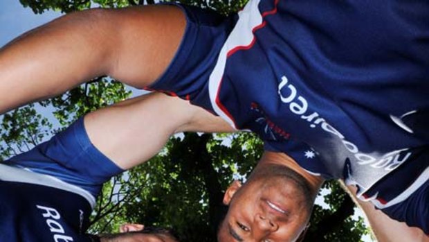 Melbourne Rebels players, clockwise from left, Luke Rooney, Cooper Vuna and Jarrod Saffy.