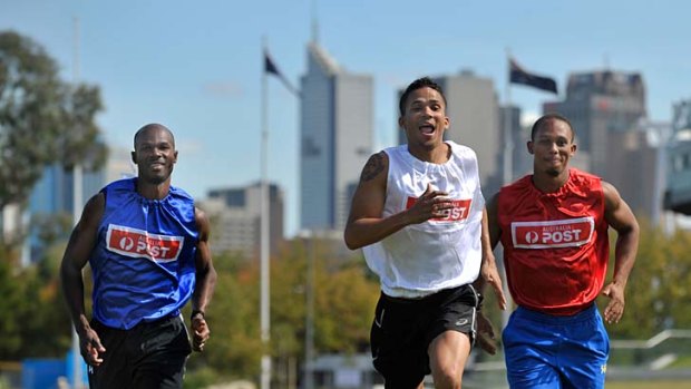 Stawell Gift rivals (from left): Kim Collins, John Steffensen and Michael Frater.
