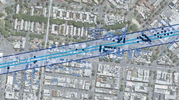 North Melbourne houses - indicated by black dots - that would be badly impacted by the Melbourne Metro rail tunnel if no mitigation work is done. 