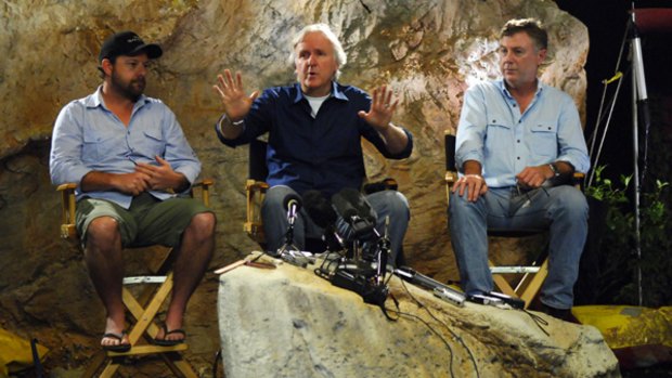 Executive producer of the movie 'Sanctum', James Cameron (centre), director Alister Grierson (left) and writer/producer Andrew Wright (right) at Warner Roadshow Studios on the Gold Coast.