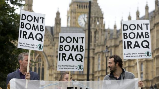 Protesters outside the Houses of Parliament in London.