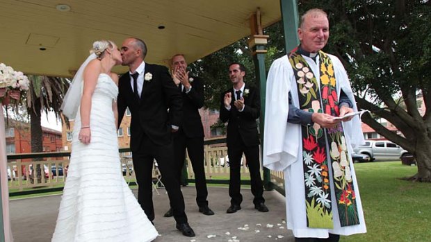 What a day ... Wollongong Independent Gordon Bradbery officiates at the wedding of Jade Hollis and Shannon Farrugia.
