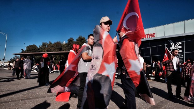 Members of Melbourne's Turkish community meet outside Broadmeadows Library in Melbourne, in support of Turkey's president after a failed coup attempt in Turkey.