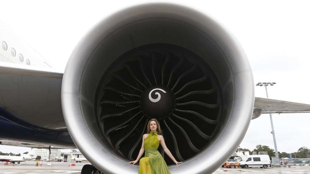 High-fliers: Georgia May Jagger poses inside the engine of a the BA 777.