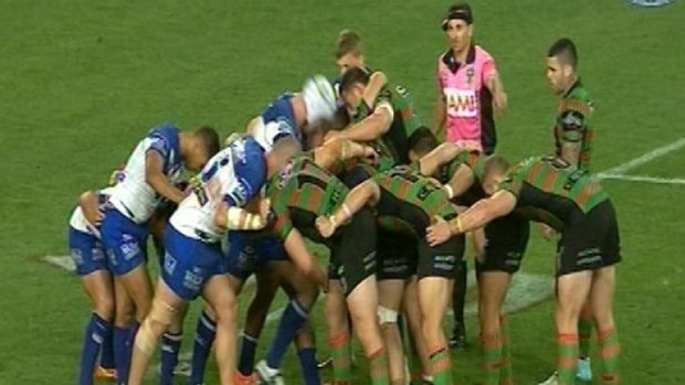Canterbury prop Tim Browne, in the white helmet, in the scrum in which he has denied deliberately targeting the injured Sam Burgess.