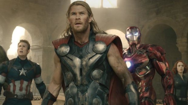 Too much of a good thing: Captain America (Chris Evans), Thor (Chris Hemsworth), Iron Man (Robert Downey Jr.), Black Widow (Scarlett Johansson) in Marvel's <i>Avengers: Age Of Ultron</i>.