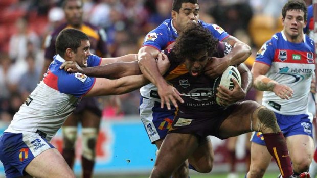 A 11-day Thaiday ... Broncos skipper Sam Thaiday led by example, taking the ball up strongly and ripping through the Knights defence at Suncorp Stadium yesterday.