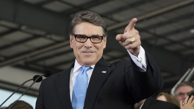 Rick Perry, former governor of Texas, speaks during an event to formally announce his presidential campaign in a hangar at Addison in Addison, Texas in 2015. 
