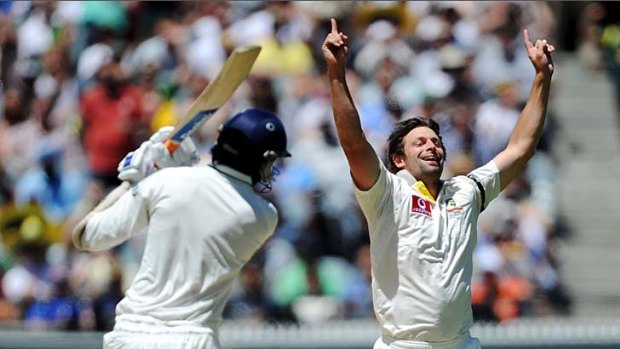 High note: Ben Hilfenhaus celebrates after dismissing Ishant Sharma to claim his first five-wicket haul.