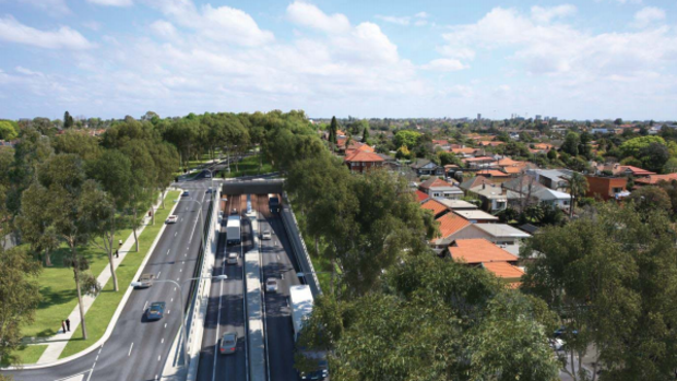 An artist’s impression of the Wattle Street interchange, looking south towards Parramatta Road above the portal entry and exit ramps. 