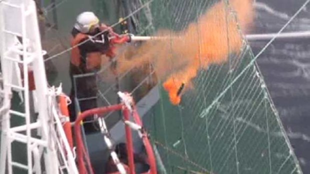 Crewmen on a Japanese harpoon ship in the Southern Ocean attempt to repel anti-whaling activists  with water jets as incendiary devices burn on protective nets.
