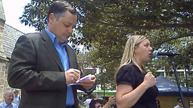 Peter Tagliaferri and Jane Bremmer address the anti-lead rally in Fremantle's King's Square today.