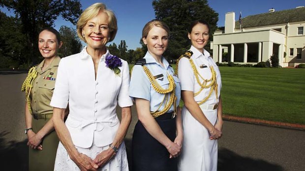 Governor-General Quentin Bryce with her aides-de camp (from left) Courtney Ames, Casey Byron and Michelle Freeman.