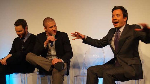 Sean Parker, Shawn Fanning and Jimmy Fallon at the New York launch of video chat service Airtime.