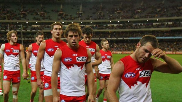 Scratching their heads ... Sydney players wonder what went wrong on Saturday night.