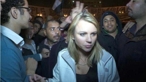 Before the attack ... Lara Logan in Tahrir Square.