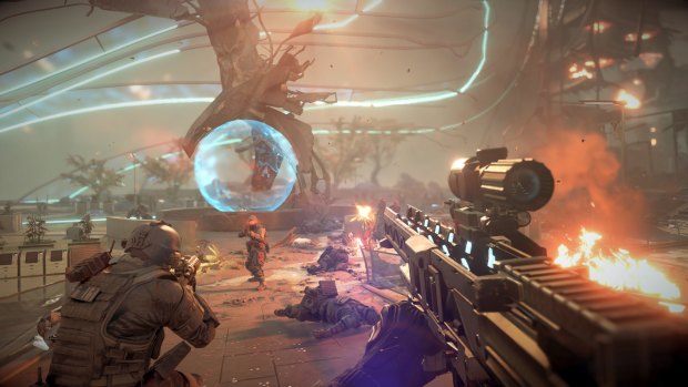A screenshot from the singleplayer campaign of <i>Killzone: Shadow Fall</i>.