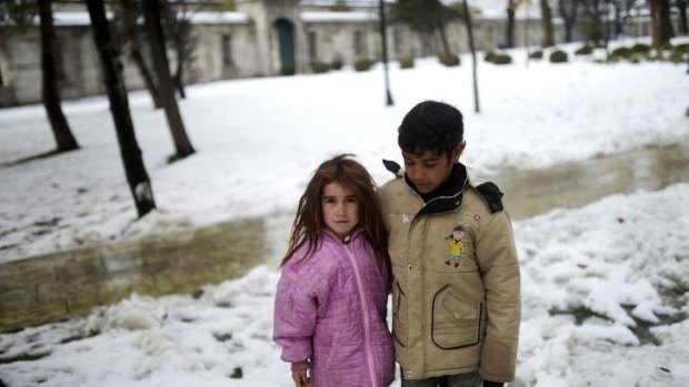 Syrian refugees in the snow in Istanbul. The refugees in Turkey, faced further misery due to increasing shortages of supplies, low temperatures, and snowfall.