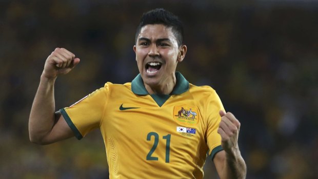 Australia's Massimo Luongo celebrates after scoring a goal during January's Asian Cup final.