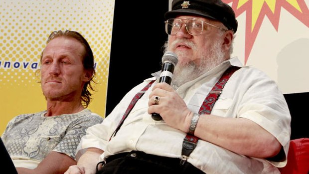 <i>Game of Thrones</i>' author George R.R. Martin speaking in Brisbane, with actor Jerome Flynn, who plays Bronn.