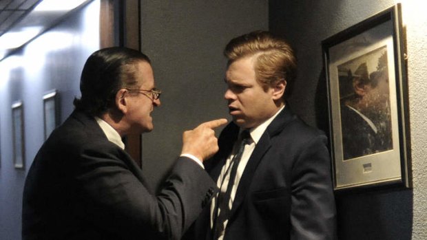 Lachy Hulme as Sir Frank Packer, left, with Luke Ford as a young Kerry Packer in Power Games: The Packer-Murdoch story,