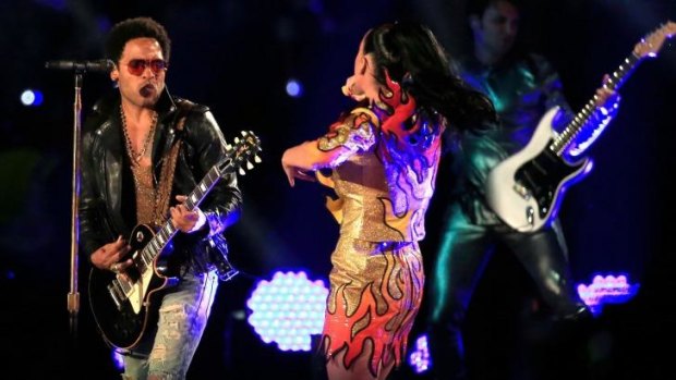 Lenny Kravitz performing with Katy Perry during the Pepsi Super Bowl XLIX Halftime Show this year.