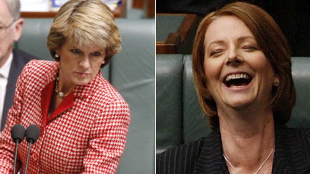 Blue steel ...  Julie Bishop delivers a withering look while Julia Gillard sees the funny side during question time yesterday.