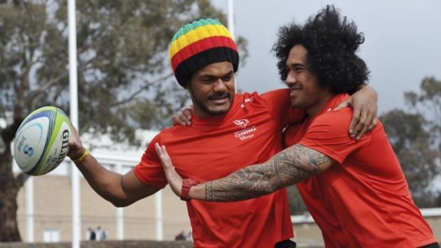 Canberra Vikings players, Henry Speight, left and Joe Tomane have some fun ahead of Saturday's game.