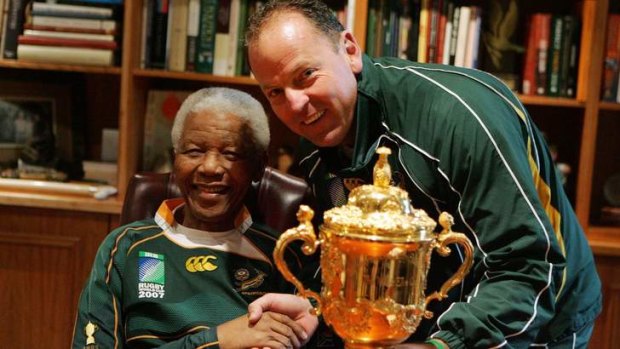 Tribute: South Africa's World Cup-winning coach Jake White with Nelson Mandela.