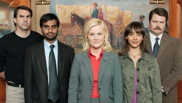 <i>Parks and Recreation</i> cast, from left, Paul Schneider, Aziz Ansari, Amy Poehler,  Rashida Jones and Nick Offerman.