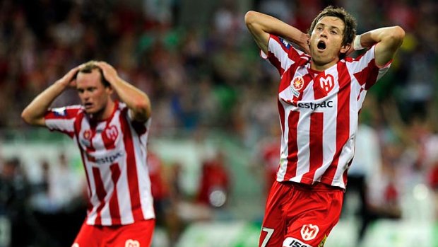 Melbourne Heart's Craig Goodwin misses a goal agianst Victory at AAMI Stadium last night.