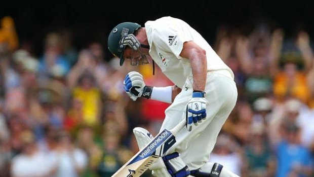 Michael Hussey savours the moment as he reaches his century.