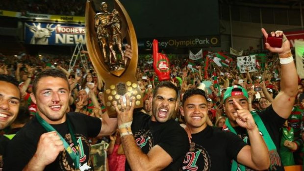 Celebrations: Dylan Walker, second from right, with teammates Ben Te'o, Sam Burgess, Greg Inglis and Apisai Koroisau.