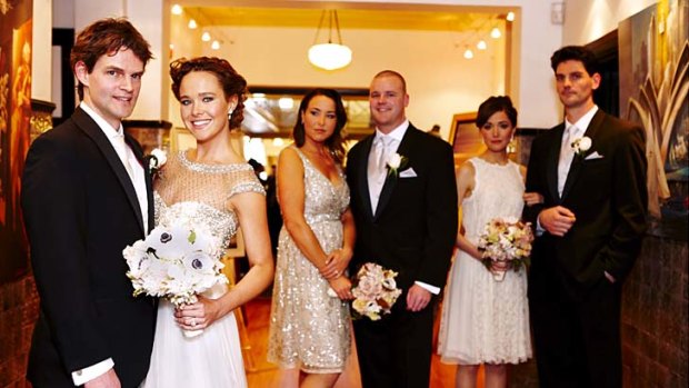 Newlyweds ... Andrew Baud, Krew Boylan, Jodi Boylan, best man Adam Walker, Rose Byrne and Trevor Baud.