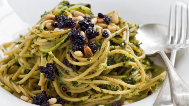 Spaghettini of zucchini, mint, currants, pine nuts and pecorino.