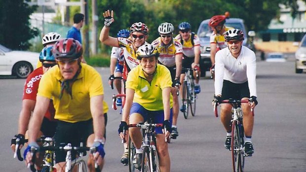 Dr Ann Collins (centre in the yellow jersey) during the Sydney to Gold Coast charity ride.