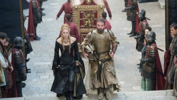 <i>Game of Thrones</i> season 5: Cersei Lannister being escorted by Meryn Trant to her father's crypt.