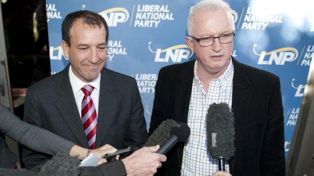 LNP president Bruce McIver (R) speaks to the media with Mal Brough at the Caloundra RSL after Broughwon the LNP preselection to contest the federal seat of Fisher on July 29, 2012