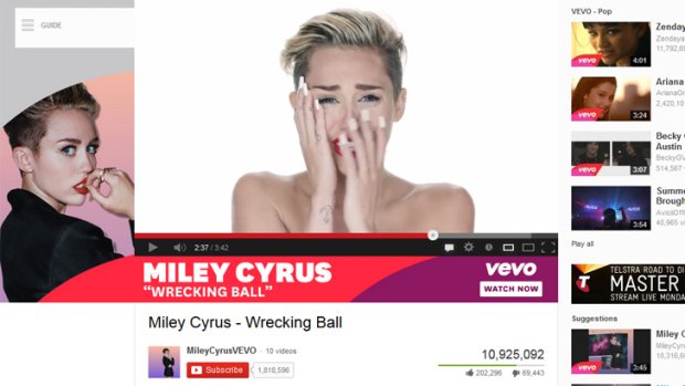 A screen shot of YouTube, 14 hours after the posting of Miley Cyrus' new official video, <i>Wrecking Ball</i>.