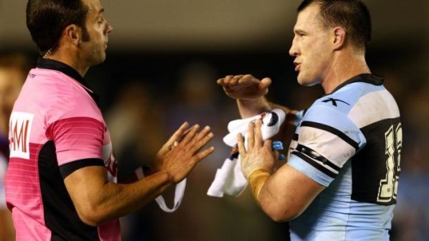 Gallen argues with referee Gavin Morris after another Sharks try was disallowed against Manly.