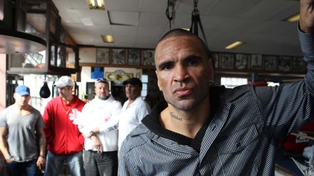 Doing the shuffle &#8230; Anthony Mundine at his father's gym in Redfern yesterday, where he announced his fight against Bronco McKart.