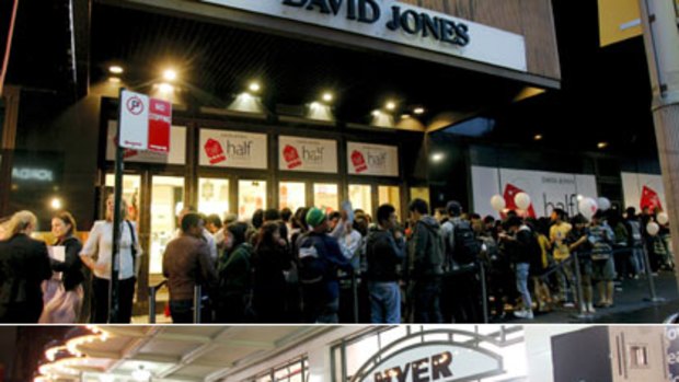 Cue the queue...bargain hunters line up at the Market Street entrance of David Jones (top); Early starters...eager shoppers arrived long before the 5am sale opening  (bottom).