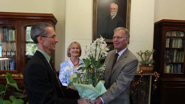 All abloom ... Tim Entwisle with Libby and John B. Fairfax.