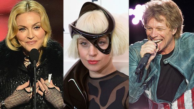 Forbes richest musicians, from left, Madonna at No.1, Lady Gaga at No.2, and Bon Jovi at No.3.
