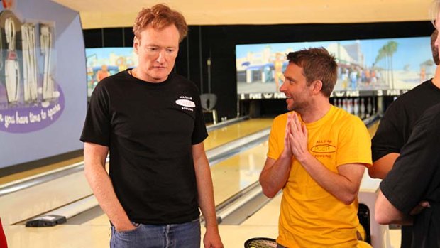 Conan O'Brien, left, and Chris Hardwick in <em>All Star Celebrity Bowling</em>.
