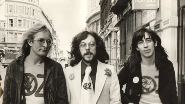 Felix Dennis, centre, with fellow Oz editors James Anderson (left) and Richard Neville, in 1971 after being found guilty under the Obscenity Act.