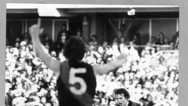 Daniher, right, looking up to his brother Terry after booting a late match-saving goal at Princes Park in 1981.